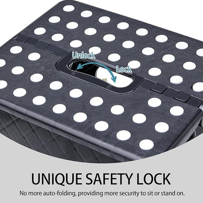 Folding Step Stool with Safety Lock, 11 Inch Pastic Foldable Stool for Adults & Kids, Portable Stepping Stool for Bathroom, Kitchen, with Anti-Skid Dots, Hold Up to 250lbs (Black, 11 Inch)