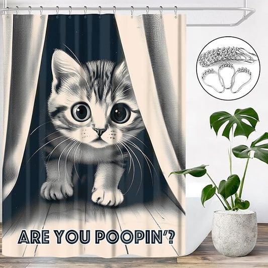 Funny Cat Shower Curtain Cute Animal Shower Curtains for Bathroom Decor are You Poopin' Humorous Joke Waterproof Polyester Fabric Bathroom Curtain with Hooks 72x72 Inch