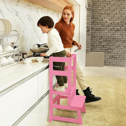 SDADI Mother's Helper Adjustable Height Kitchen Step Stool, Children Kids Toddlers Counter Level Learning Stool for Kitchen & Bathroom, Pink