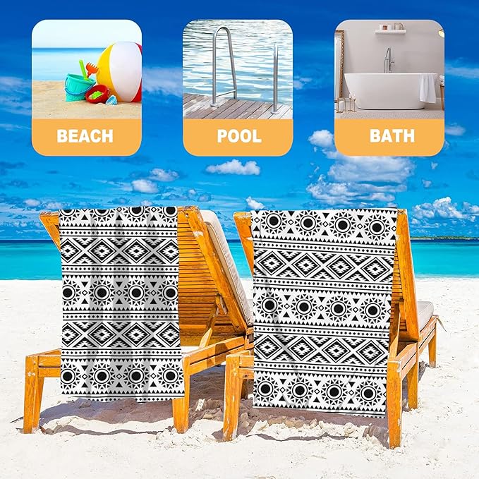 Microfiber Beach Towel, Traditional Ethnic Black White Geometric Beach Towels for Women Men, Extra Large 29.5” X 59”, Quick Drying Lightweight Sand Free Bath Swim Towel