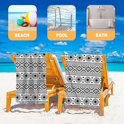 Microfiber Beach Towel, Traditional Ethnic Black White Geometric Beach Towels for Women Men, Extra Large 29.5” X 59”, Quick Drying Lightweight Sand Free Bath Swim Towel