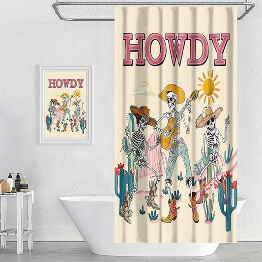 Funny Gothic Skull Shower Curtain Western Skeleton Shower Curtains for Bathroom Decor Waterproof Polyester Fabric Country Mountain Cactus Bathroom Curtain with Hooks 72x72 Inch