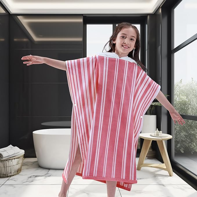 VOOVA & MOVAS Big Girl | Teens Towels with Hood (8-16Years), Large Thick and Absorbent Cotton Hooded Pool Towel Robe- Versatile for Pool, Swim, and Bath, Pink and White Cabana Striped