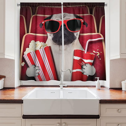Ambesonne Pug Kitchen Curtains, Funny Dog Watching Movie Popcorn Soft Drink and Glasses Animal Photograph, Window Drapes 2 Panel Set for Kitchen Cafe Decor, 55" x 39", Cream Ruby