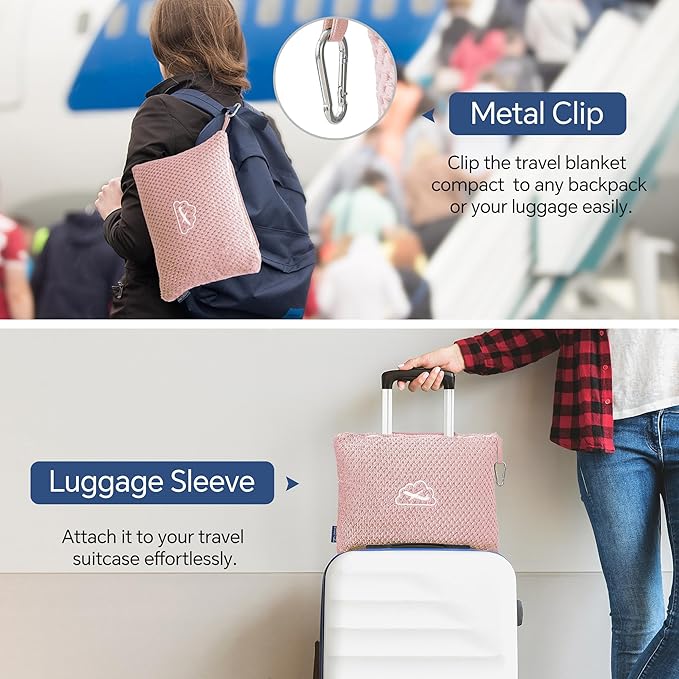 BEDELITE Travel Blanket and Pillow Set, Portable and Packable Jacquard Travel Blanket Airplane Compact with Bag, Airplane Blanket Travel Essentials for Women with Luggage Sleeve & Backpack Clip, Pink
