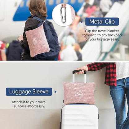 BEDELITE Travel Blanket and Pillow Set, Portable and Packable Jacquard Travel Blanket Airplane Compact with Bag, Airplane Blanket Travel Essentials for Women with Luggage Sleeve & Backpack Clip, Pink