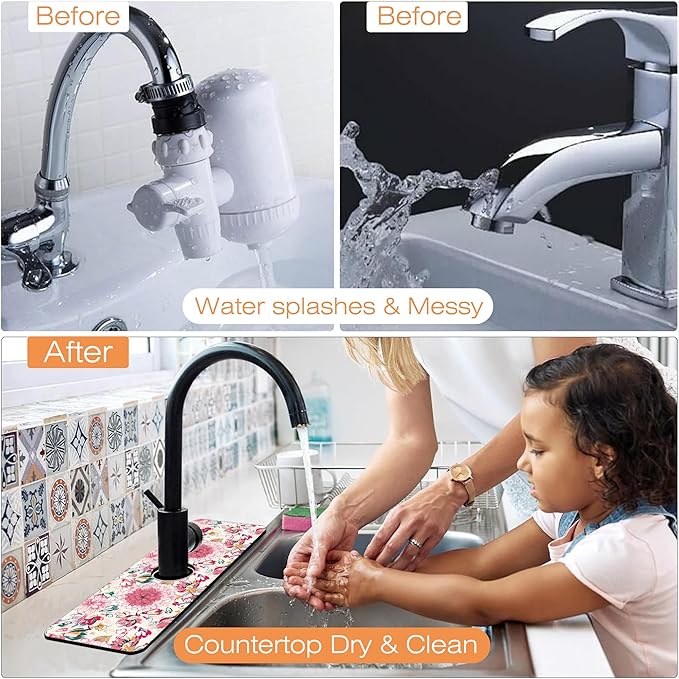 Kitchen Faucet Mat Artistic Floral Kitchen Sink Splash Guard Faucet Mat,1 PC Splash Guard Behind Faucet Drip Catcher for Kitchen,Sink Mat,Dish Drying Mat,Bathroom Faucet Mat 15.5""X5.5""