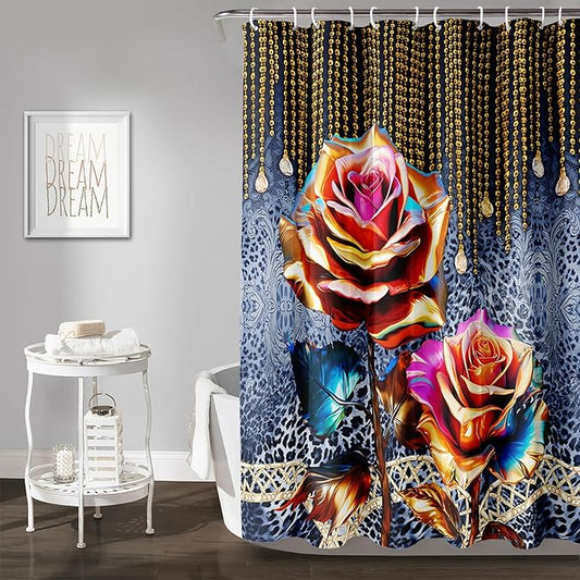 AILONEN Gold Rose Shower Curtain for Bathroom- Romantic Floral Shower Curtain -Polyester Fabric Waterproof Decoration- Plants Blue Black Leopard Flowers Bath Shower Curtains Washable, 60" W x 72" H