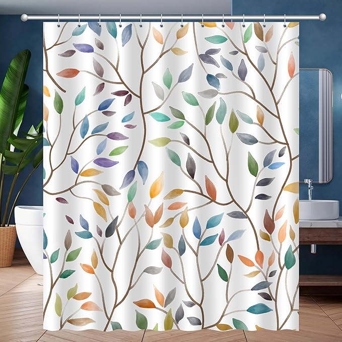 Boho Floral Shower Curtain, Spring Colorful Botanical Flower Leaves Bohemian Fabric Shower Curtain Set with 12 Hooks, Bathroom Bathtub Accessories Decor Cloth Curtain 60x72 Inches