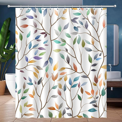 Boho Floral Shower Curtain, Spring Colorful Botanical Flower Leaves Bohemian Fabric Shower Curtain Set with 12 Hooks, Bathroom Bathtub Accessories Decor Cloth Curtain 60x72 Inches