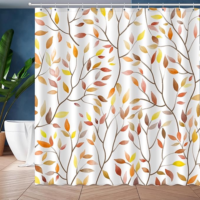 Boho Fall Shower Curtain, Autumn Colorful Botanical Flower Leaves Bohemian Yellow Fabric Shower Curtain Set with 12 Hooks, Bathroom Accessories Decor Cloth Curtain 72x72 Inches