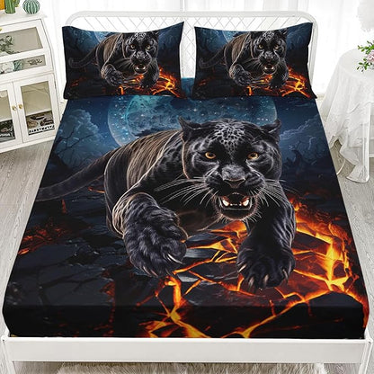 AILONEN Black Panther Fitted Sheet Set Queen Size,Safari Cheetah Leopard Print Bed Sheet Set,Magic Moon Animal Theme Leopard Fitted Sheet with 2 Pillowcases,3 Pieces Boys Queen Bed Sheet Set