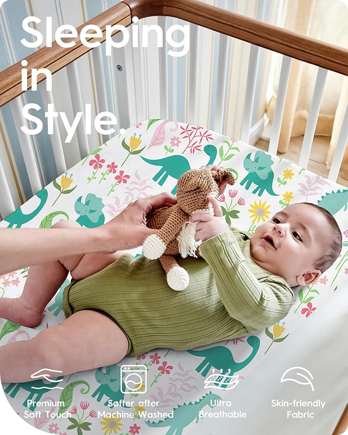 Dinosaur Pack N Play Sheets Fitted, Ultra Soft Mini Crib Sheets for Boy, Premium Jersey Knit Pack and Play Sheets, Stretchy Neutral Play Yard Sheets for Pack and Play Mattress, 2 Pack