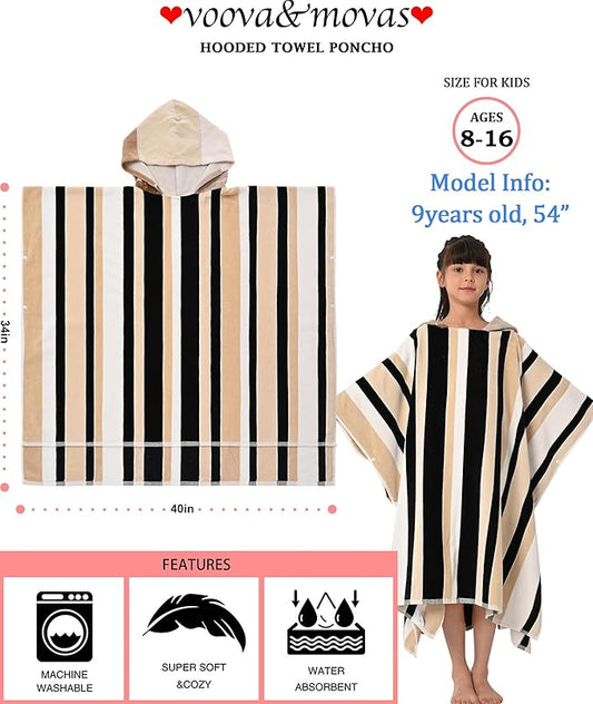 VOOVA & MOVAS Hooded Beach Towels for Teens (8-16Years), 100% Cotton Thick Poncho Towel for Big Kids, Perfect for Pool, Beach, Bath, Brown Black Stripe