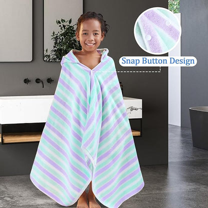 VOOVA & MOVAS Kids Hooded Bath Towels Quick Dry - (3-10Years) - Absorbent Lightweight Hooded Cotton Towel for Pool | Swim | Beach | Bath, Boys Wrap Towel with Hood, Aqua Purple Stripe