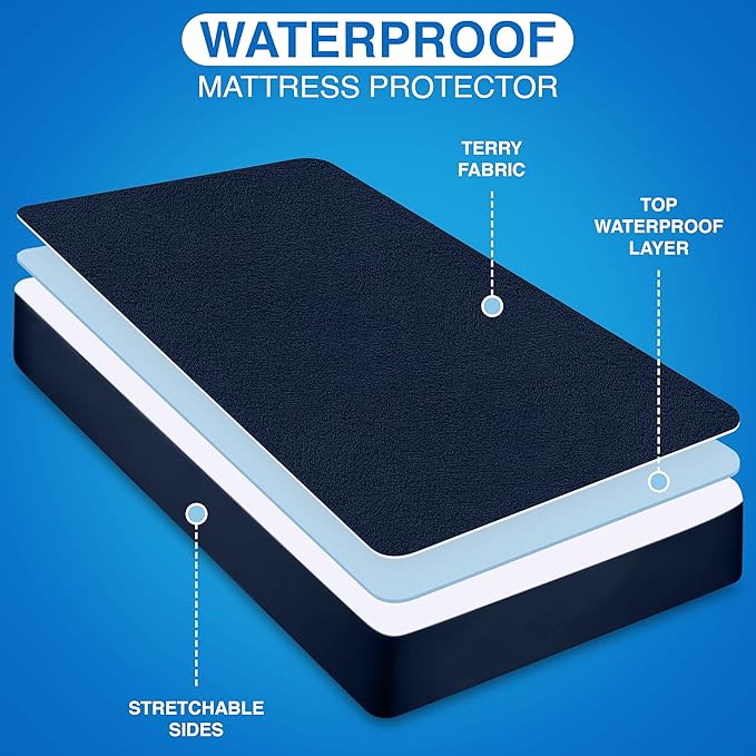Utopia Bedding Waterproof Mattress Protector Twin XL Size, Premium Terry Mattress Cover 200 GSM, Breathable, Fitted Style with Stretchable Pockets (Navy)
