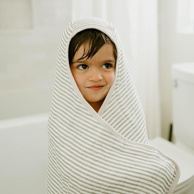 Little Unicorn Cotton Muslin & Terry Hooded Towel, Larger Size 1-6 Years (Grey Stripe)