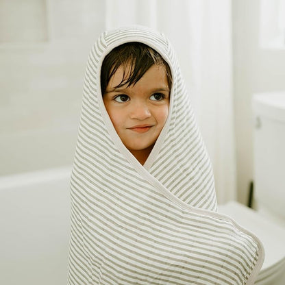 Little Unicorn Cotton Muslin & Terry Hooded Towel, Larger Size 1-6 Years (Grey Stripe)