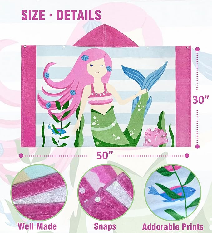 Kids Bath Towel Hooded - Cotton Kids Beach Towel 30"x50" for Ages 3 to 10, Toddler Towels with Hood Snaps, Soft Terry Poncho Towel as Pool Swim Cover Ups for Girls Boys (Mermaid Pink)