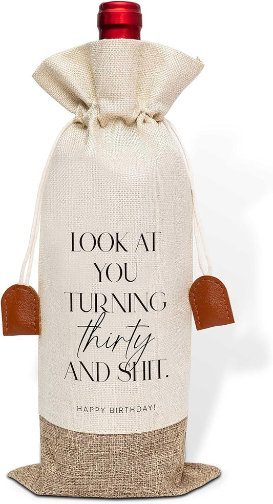 30th Birthday Wine Bag, Cotton Linen Wine Gift Bag With Drawstring, Wine Champagne Bottle Gift Bag, Thirty Years Old Birthday Gifts Wine Bag for Woman Man, 30th Birthday Party Favors-13