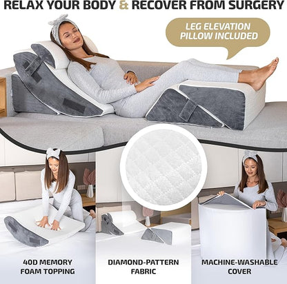 5pcs Orthopedic Bed Wedge Pillow Set w/Leg Elevation Pillow - Perfect Adjustable Memory Foam Pillows for After Surgery Recovery, Back Support, Pain Relief, Acid Reflux, Sleeping & GERD
