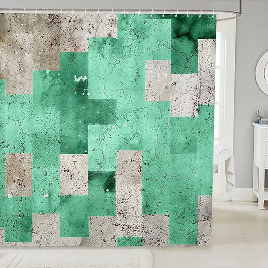Feelyou Kids Geometric Green Shower Curtain Geometry Bathroom Shower Curtain Set Checkered Bath Curtain Boys Girls Modern Art Teens Bathroom Accessories Room Decor 72"x78"