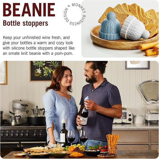 Monkey Business Beanie Wine Stopper | 2 Wine Stoppers in 1 Pack | Cute Wine Accessories | Fun Kitchen Gadgets | Wine Stoppers for Wine Bottles | Knit-Beanie-Shaped Wine Bottle Stopper w/a Pom-Pom