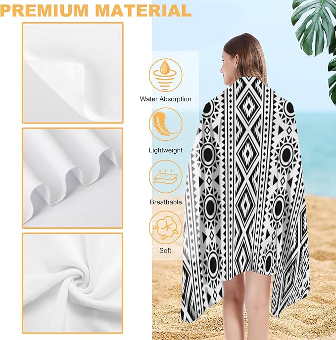 Microfiber Beach Towel, Traditional Ethnic Black White Geometric Beach Towels for Women Men, Extra Large 29.5” X 59”, Quick Drying Lightweight Sand Free Bath Swim Towel
