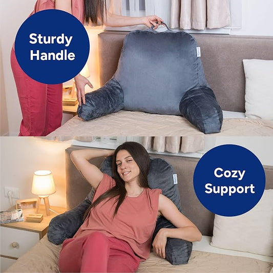 ComfortSpa Reading Pillow for Bed Adult Size, Back Rest Pillow with Arms, Pockets and Washable Cover; Use as a Back Pillow for Bed Sitting Up for Bedrest or Relief from GERD Heartburn (X-Large Grey)