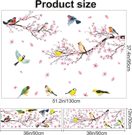 Amaonm 2 Sheets of 12"x36" Removable Pink Red Cherry Blossom Flowers Wall Stickers DIY Flying Birds and Tree Brances Wall Decals 3D Peel and Stick Floral art Decor for Kids Girls Bedroom Living Room Nursery Decoration (37"x51")