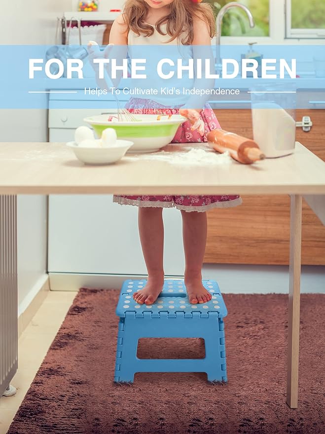 Folding Step Stool 9", Kids Step Stool, Heavy Duty Step Stools for Adults, Compact Foot Stools, Light-Weight Toddler Step Stool for Kitchen, Bathroom, Holds Up to 300 lbs (Blue)