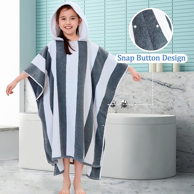 VOOVA & MOVAS Quick Dry Hooded Poncho Towel for Teens (8-16Years), 100% Cotton Thick Poncho Towel Robe for Kids | Boys, Perfect for Pool, Beach, Bath and Gifts, Gray White Stripe