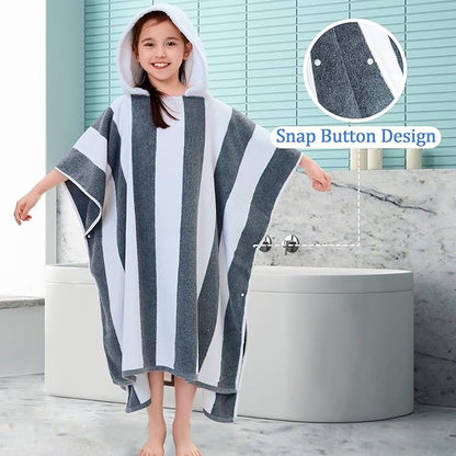 VOOVA & MOVAS Quick Dry Hooded Poncho Towel for Teens (8-16Years), 100% Cotton Thick Poncho Towel Robe for Kids | Boys, Perfect for Pool, Beach, Bath and Gifts, Gray White Stripe