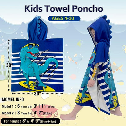 Hooded Kids Beach Towels - Toddler Bath Towel Girls Boys Swim Cover-ups for Ages 4 to 10 Kids Pool Towels Quick Dry Lightweight Soft Microfiber Poncho 30x30 with Bag (Navy Dinosaur)