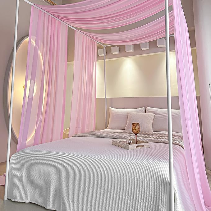 AIKASY Pink Bed Canopy Scarf for Full/Queen - Luxury Sheer Canopy Bed Curtains with Light - Suitable for Four-Poster Bed, Metal Bed Frame, Wood Bed Frame -2pic