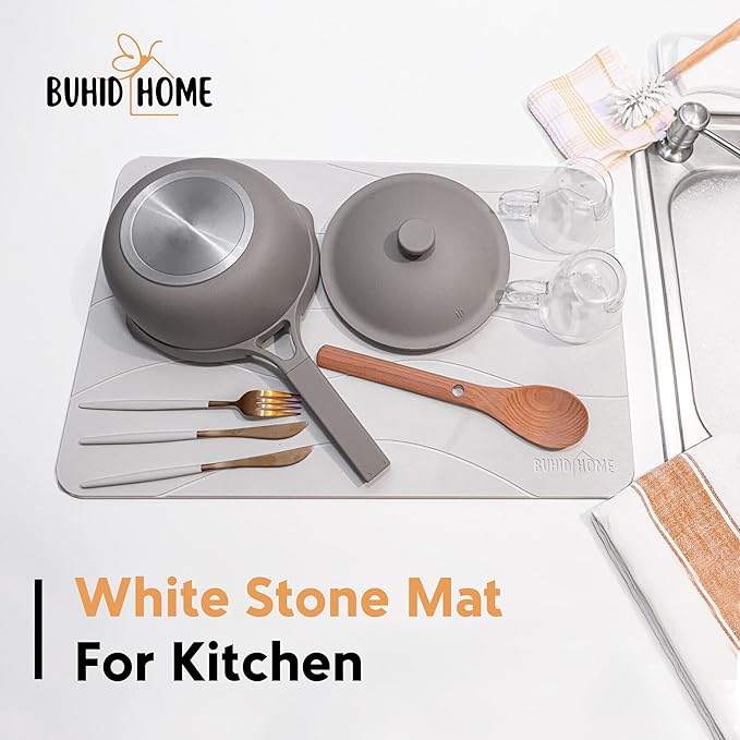 Stone Dish Drying Mat for Kitchen Counter - Absorbent Diatomaceous Earth Stone Dish Drying Mat, Fast Dry, Non-Slip & Heat Resistant Stone Mat - White Stone Mat for Kitchen 23.62x15.35''