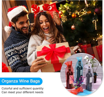 uxcell Organza Wine Bags, 12PCS 14.5 x 5.5 In Pink Sheer Mesh Organza Wine Wrapping Bags With Drawstring Wine Gift Pouches for Bottle Birthday, Wedding Party