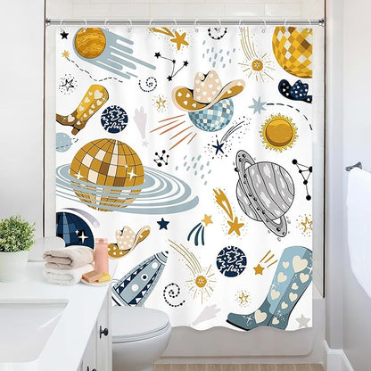Kids Western Planet Shower Curtain 60Wx72L Inch Boy Disco Outer Space Retro Cool Cowgirl Cowboy Funny Galaxy Universe Wild West Bathroom Set Unique Bath Curtain Bathtub Accessories Home Decor