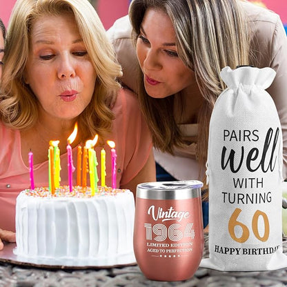 Lifecapido 60th Birthday Gifts for Women, Vintage 1964 Limited Edition Insulated Wine Tumbler with Wine Bag, 60 Year Old 60th Birthday Presents Christmas Gifts for Mom Grandma Wine Lover, 12 oz
