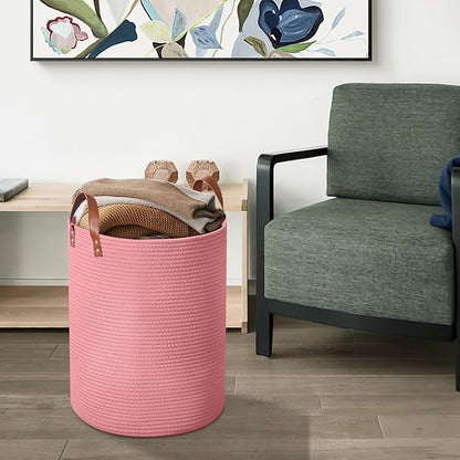 80L Large Rope Basket, Woven Rope Storage Basket with Leather Handles, Dog Toy Storage Basket, Bedroom, Nursery Blanket Storage, Bathroom Laundry Basket, 16“x20” Tall Rope Basket (Pink)