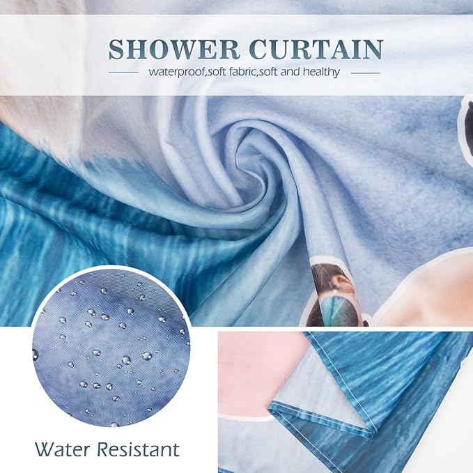 Aimego Long Funny Shower Curtain - Cute Cool Ocean Cat with Weird Adults Beach UFO Fun Fabric Cloth Bath Shower Curtain Set with 12 Hooks for Bathroom Decor Accessories Bathtub Curtain, 72"x78"
