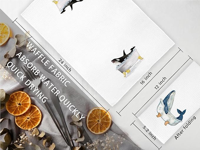 Whale Shark Seal Coastal Beach Hand Towels for Bathroom Set of 4 - Nautical Hand Towels for Bathroom,Whale Decor, Nautical Beach Bathroom Decor,Ocean Bathroom Decor,16x24