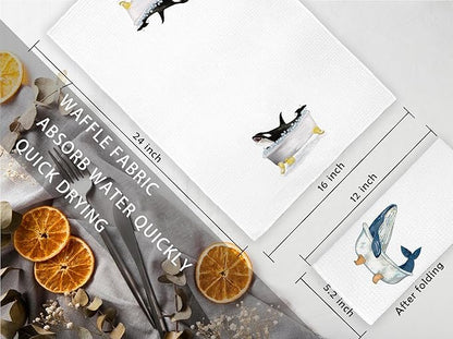 Whale Shark Seal Coastal Beach Hand Towels for Bathroom Set of 4 - Nautical Hand Towels for Bathroom,Whale Decor, Nautical Beach Bathroom Decor,Ocean Bathroom Decor,16x24