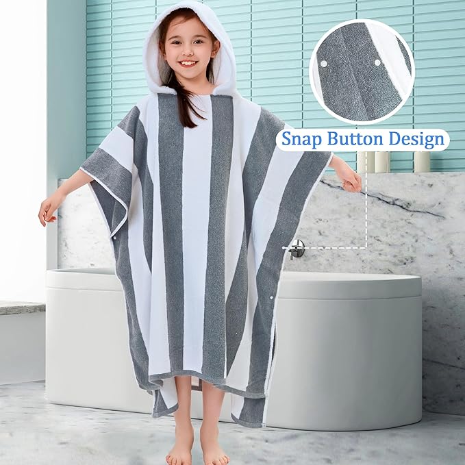 VOOVA & MOVAS Quick Dry Hooded Beach Towels for Boys| Girls | Teens (8-16Years), Absorbent 100% Cotton Thick Poncho Towel Robe for Kids, Perfect for Pool, Beach, Bath and Gifts, Gray White Stripe