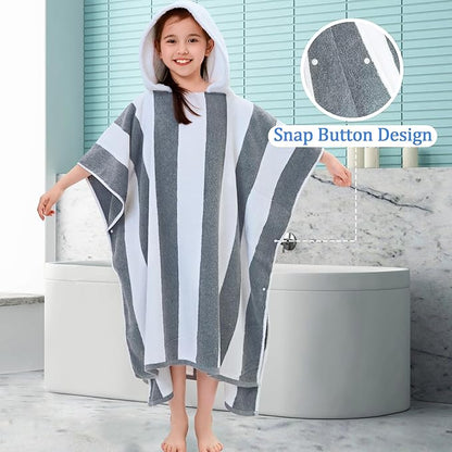 VOOVA & MOVAS Quick Dry Hooded Beach Towels for Boys| Girls | Teens (8-16Years), Absorbent 100% Cotton Thick Poncho Towel Robe for Kids, Perfect for Pool, Beach, Bath and Gifts, Gray White Stripe