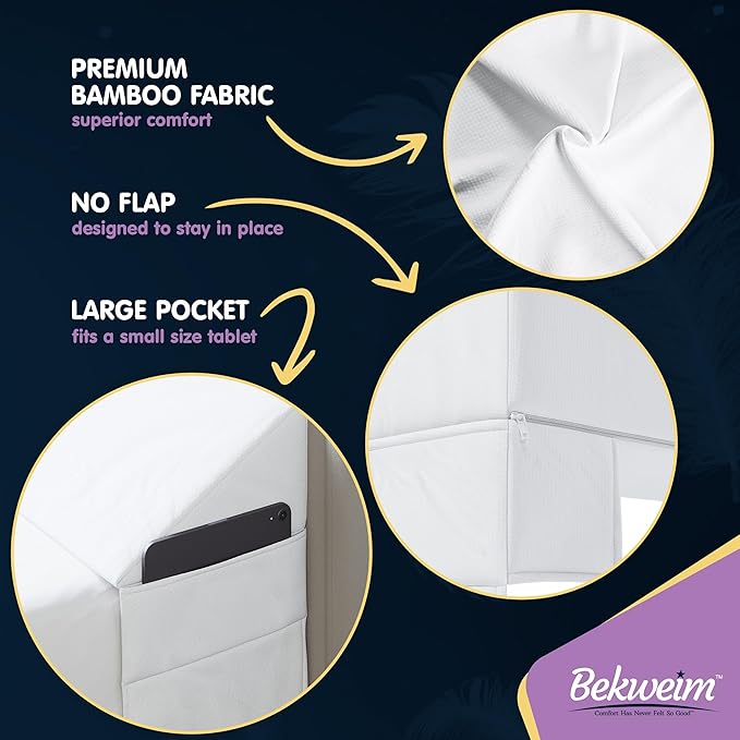 Wedge Pillow Headboard Bed Gap Filler Queen - Headboard Pillow Queen Size 60 X 10 X 6 - Long Pillow for Bed Wedge Gap Filler with Large Pocket for Bed Accessories - Mattress Gap Filler (White)
