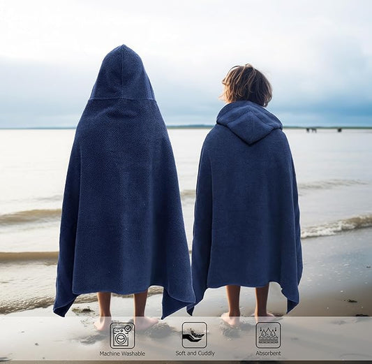 Hooded Bath Towel Wrap - 100% Cotton Popcorn Large Oversized Hooded Kids Towel - Toddler Shower Pool Beach Towel - 600 GSM - Soft Absorbent Quick Dry Easy Care Gift - 30x52 inches - Navy