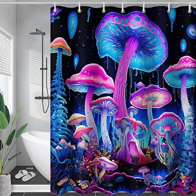 AILONEN Mushroom Shower Curtain for Bathroom, 3D Oil Painting Mushroom Bath Curtain,Blue Purple Fairy Fantasy Fungus Botanical Decoration Waterproof Curtain with 12 Plastic Hooks, 72" W*78" H