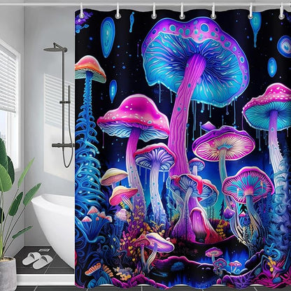 AILONEN Mushroom Shower Curtain for Bathroom, 3D Oil Painting Mushroom Bath Curtain,Blue Purple Fairy Fantasy Fungus Botanical Decoration Waterproof Curtain with 12 Plastic Hooks, 72" W*78" H