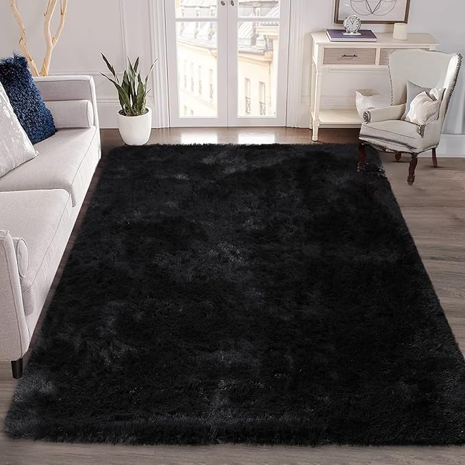 Fluffy Shaggy Area Rug 6x9 for Living Room, Solid Soft Plush Carpet Indoor Modern Thick Fur Rug, Anti-Slip Luxury Shag Rug for Bedroom Nursery Boys Room Office Classroom Dorm, Black